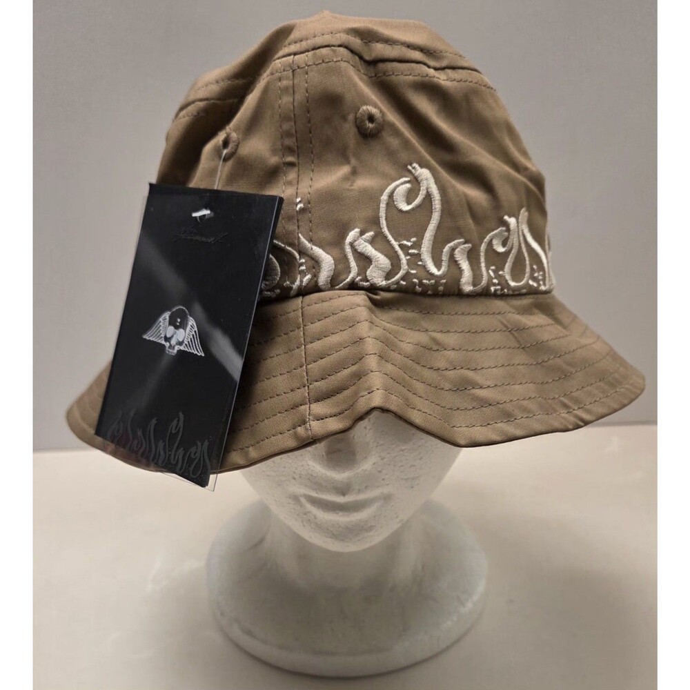 CIVIL REGIME Bucket Hat S/M Tan Khaki White Embroidered Flames Streetwear NWT